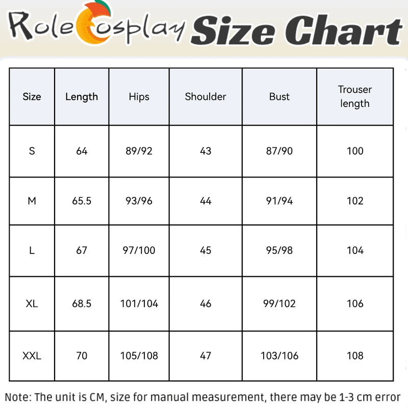 Rolecosplay Black & White Male School Uniform Cosplay Costume – size chart