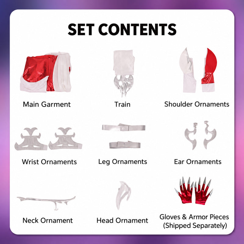 Rolecosplay K/DA Evelynn white and red cosplay costume set contents, including gloves and armor pieces shipped separately