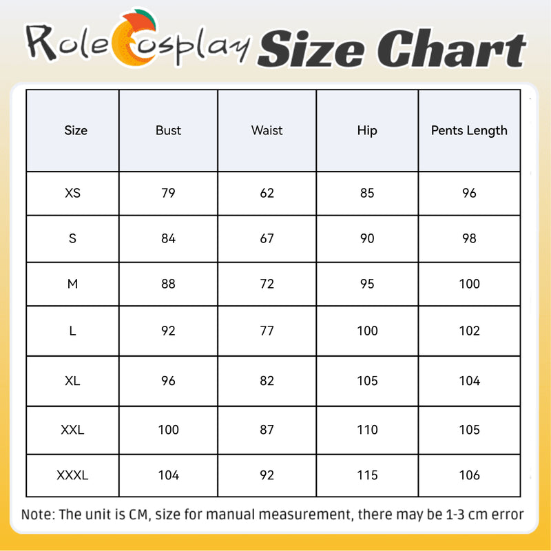 Rolecosplay K/DA Firestarter Ahri black and red cosplay costume - size chart, XS to 3XL (XXXL)