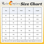 Rolecosplay K/DA Firestarter Evelynn black and red cosplay costume - size chart, XS to 3XL (XXXL)