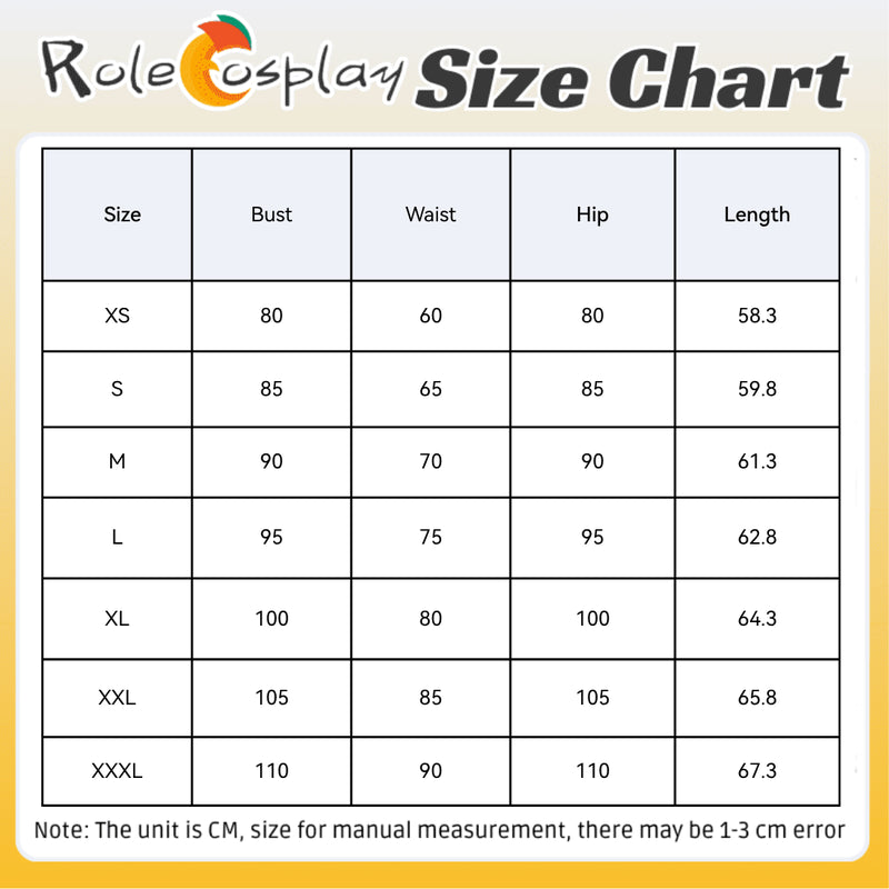 Rolecosplay K/DA Firestarter Evelynn black and red cosplay costume - size chart, XS to 3XL (XXXL)