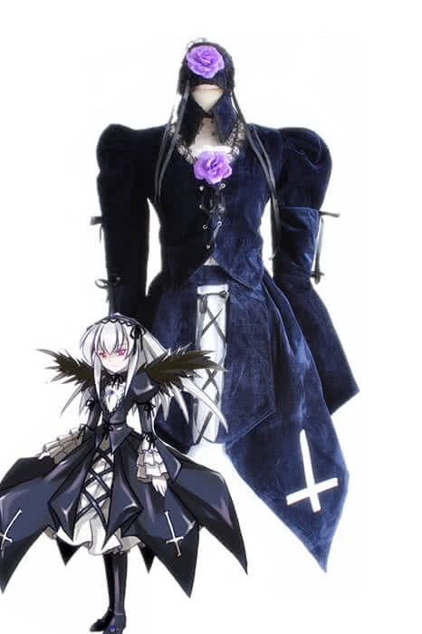 Rozen Maiden Suigintou Lolita Dark Blue Dress Cosplay Costumes 