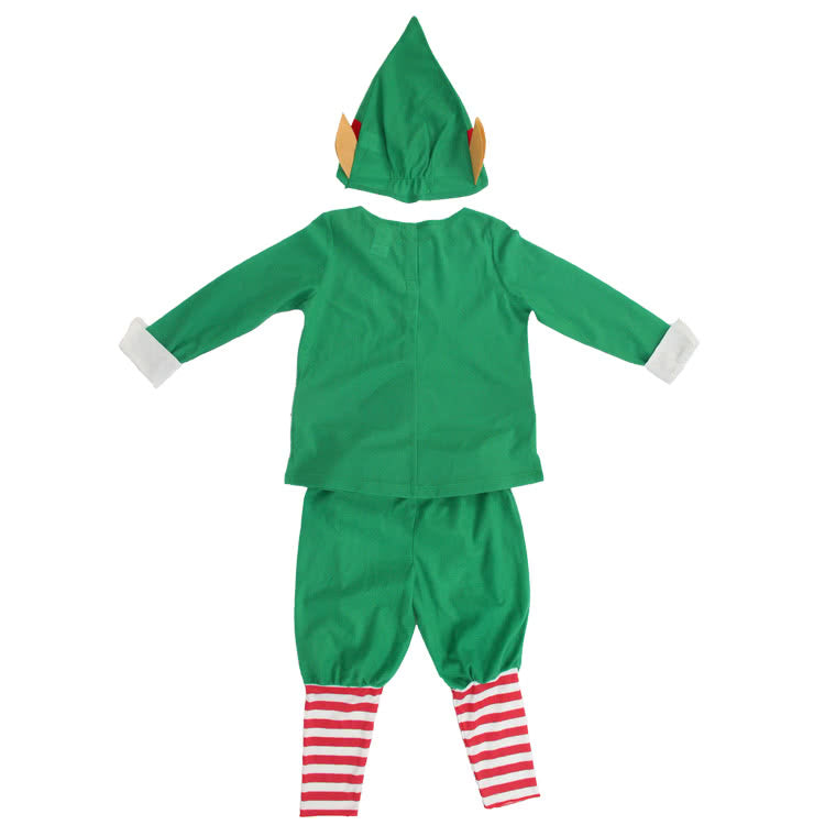 Green Children Christmas Costume with Red Gear Collar Elf  Suit