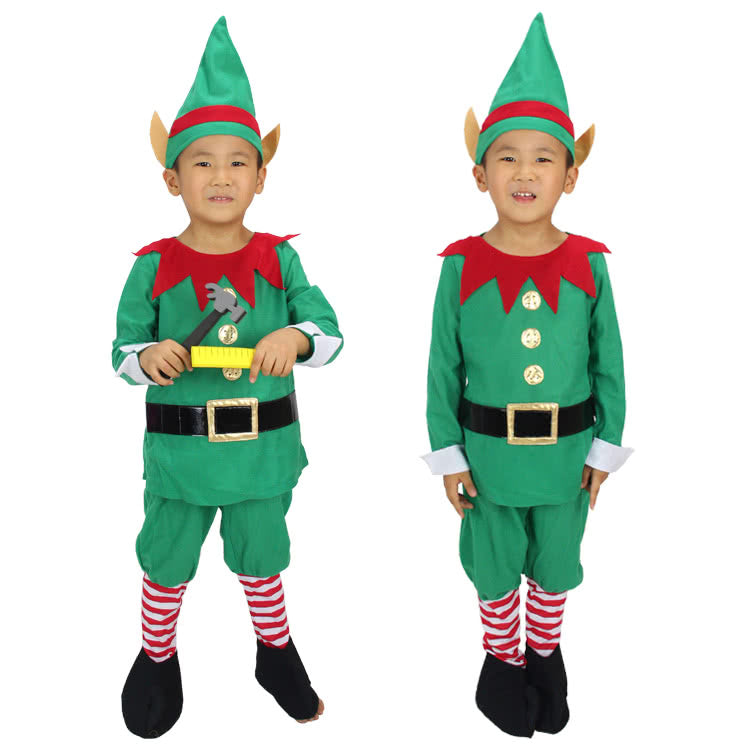 Green Children Christmas Costume with Red Gear Collar Elf  Suit