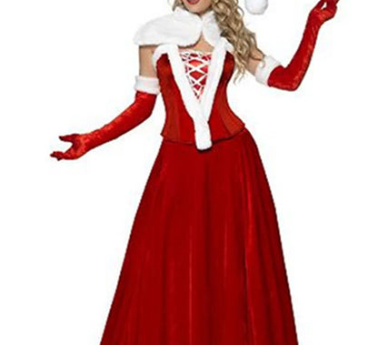 Red new Christmas costume beautiful long dress white cloak