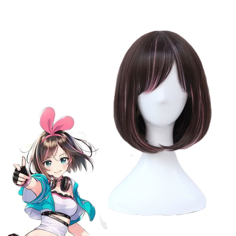 Youtuber  Kizuna AI Short Straight Brown Mixed Pink Cosplay Wigs