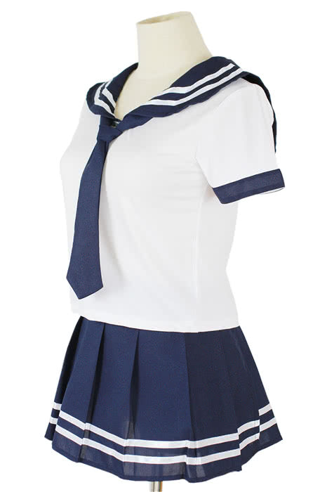 Classic White and Blue School Girl Sailor Costume of Students with Short Sleeves