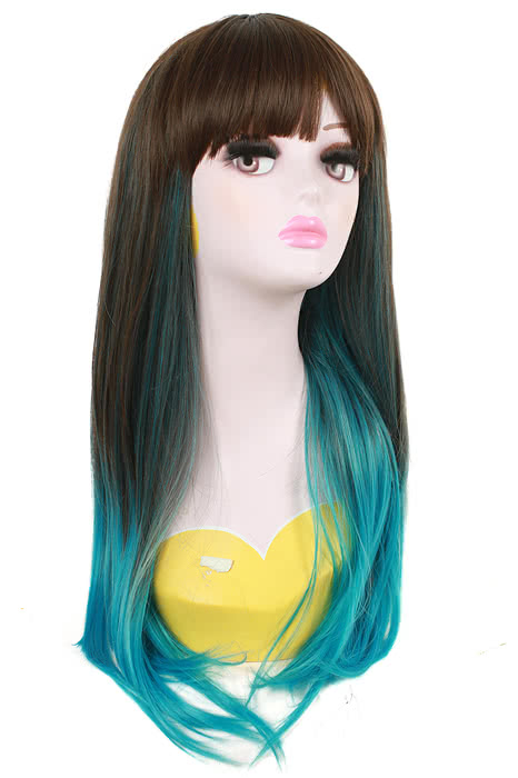 60cm Long Cosplay Wig Mixed Color Blue Straight Fade Women Hair 